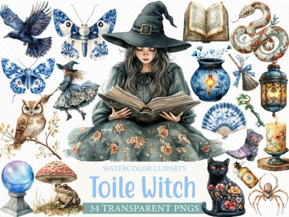 Download Watercolor Toile Witch Clipart Bundle - Witch clipart Collection