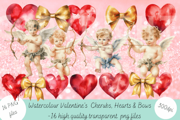Download Watercolour Hearts, Cherubs &amp; Bows - Premium Bundle